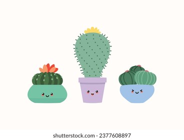 Cute cactuses. Flat illustration of three kawaii smiling succulents in flower pots. Vector 10 EPS.