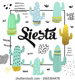 Cute Cactuses Hand Drawn Design. Childish Cactus Background for Poster, Greeting Card, Decoration, Cover. Vector illustration