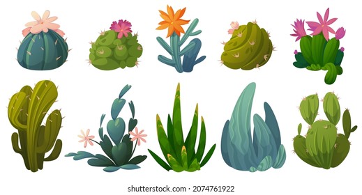Cute cactuses, succulents and desert plants with flowers isolated on white background. Vector cartoon set of green prickly cacti with blossoms and spikes. Icons of houseplant and garden cactaceae