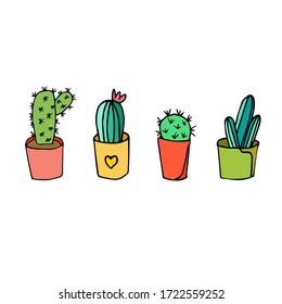 Cute cactuses in vector. Flat-colored succulents in the ceramic pots. Hand-made cartoon style. 