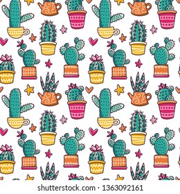 Cute cactuses vector seamless pattern. Hand drawn doodle sketch cacti background. Colorful botanic texture for prints, design and home decor