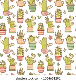 Cute cactuses vector seamless pattern. Hand drawn doodle sketch cacti background. Colorful botanic texture for prints, design and home decor