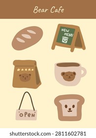 Cute Cafe Bear Vector Set Hand Drawn Teddy Bear Coffee Shop Character Collection with Bread Coffee Toast Open Sign and Paper Bag