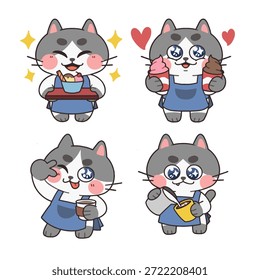 Cute Cafe Cat Serving Ice Cream Desserts and Drinks Character Illustration Set
