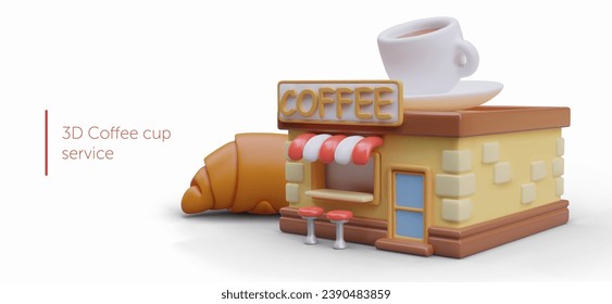 Cute cafe, coffeehouse with giant croissant and white cup with saucer. Coffee cup service. Color concept in cartoon style. 3D illustration. Space for advertising text