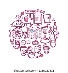Cute cafe doodle concept. Hand drawn poster composition. Food and beverages line icons set. Coffee breakfast symbols. Coffee shop vector illustration. Circle composition