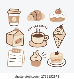 Cute Cafe Doodle Illustration Set mit Kaffee, Kuchen und Getränke 