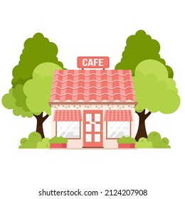 Cute cafe facade with trees and shrubs vector illustration. Coffee shop located on the street, Isolated on white background. Building exterior	