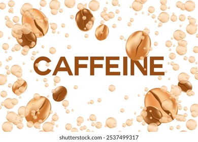 Netter Koffein-Hintergrund mit 3D fließende Bewegung von Kaffeebohnen, Karamelll glühende Blasen. Elegante einzelne Dekoration, transparenter Hintergrund für Café oder Café Poster, Präsentation.