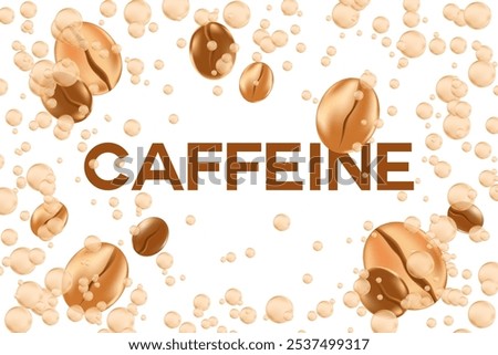 Cute caffeine background with 3D flowing motion of coffee beans, caramel glowing bubbles. Elegant isolated decoration, transparent background for cafe or coffee shop poster, presentation.