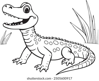 Cute Caiman Lizard Cartoon Character Coloring Page Vector Illustration