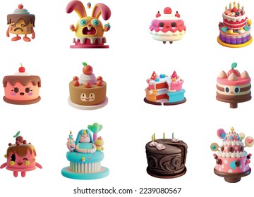 Ilustraciones de Cute Cake 3D con diseño de caricaturas diverso y único