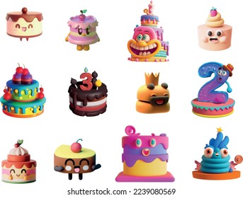 Ilustraciones de Cute Cake 3D con diseño de caricaturas diverso y único