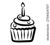 Cute cake with burning candle doodle in hand-drawn style. Great for invitations, celebrations, stickers, and festive designs.