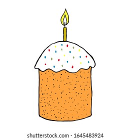 Cute cake with a burning candle on a white background. Vector isolated element for design. Happy Easter.