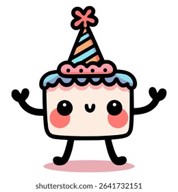 cute cake cartoon character flat color vector illustration template design