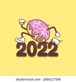 cute cake cartoon in style running towards 2022