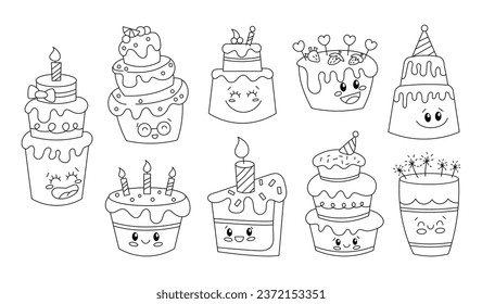 Cute cake character. Coloring Page. Happy birthday party. Funny cartoon dessert. Vector drawing. Collection of design elements.