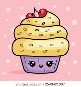 Cute cake character with surprised face in kawaii style, funny isolated sweet vector illustration