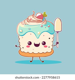 Cute cake characters. Vector cartoon kawaii character illustration icon. Isolated on blue background. Cute Cake mascot character.