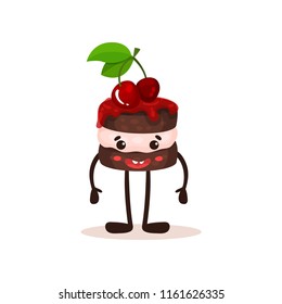 Cute cake with cherries and funny face, humanized dessert cartoon character vector Illustration on a white background