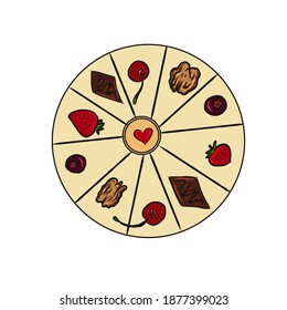 Cute cake cut into pieces, top view, hand-drawn. Doodle vector illustration for cafes, restaurants and culinary design.