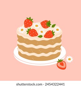 Cute cake decorated with strawberries and chamomile flowers. Vector graphics.