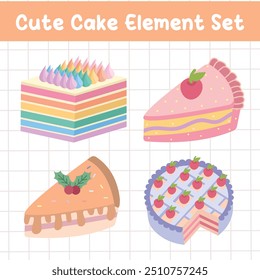 Cute cake element set in flat style. Pastel color. Suitable for flat design graphic illustration, clip art, stickers, etc
