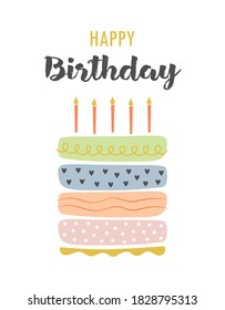 cute cake with happy birthday lettering flat icon isolated on white background, vector illustration