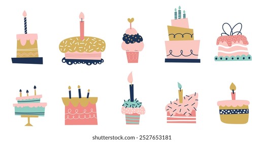 Cute cake happy birthday wedding pie cake pice with candles clipart set collection. Party holiday stickers doodle sketch