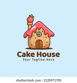 Cute Cake House with Strawberry Cartoon Outline Illustration Logo