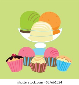 cute cake and ice cream vector on green background