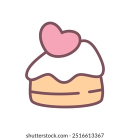 Cute cake icon. Hand drawn illustration of a creamy dessert with a little pink heart isolated on a white background. Kawaii St. Valentine day sticker. Vector 10 EPS.