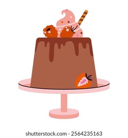 Cute cake on stand with berries like raspberries. Delicious desserts with cream, chocolate glaze topping, festive decor and sprinkles. Trendy modern  isolated vector illustration, hand drawn, flat