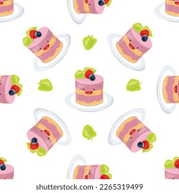 Cute cake, pastry, soufflé with berry top seamless pattern. Vector illustration. Food icon concept. Flat cartoon style.	