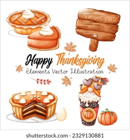 Cute Cake Pie Pumpkins ,seed ,wooden Sign and Coffee Leopard Pumpkins Thanksgiving Fall Autumn Elements Watercolor Vector File ,Clipart cartoon style For banner, poster, card, t shirt, sticke