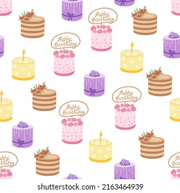 Cute cake seamless pattern. Vector Illustration for printing, backgrounds, covers, packaging, greeting cards, posters, stickers, textile and seasonal design. Isolated on white background.