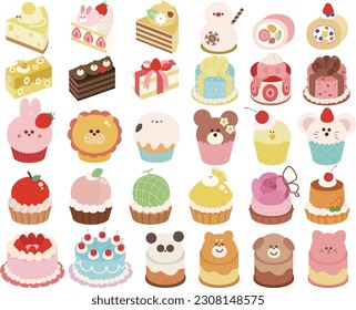 Cute cake set with animal characters and fruits