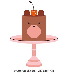 Cute cake shaped like a bear's muzzle. Colorful delicious desserts on stand with cherry, festive decor. Trendy modern vector illustration isolated on white background, hand drawn, flat design