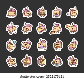 Cute cake slice character. Sticker Bookmark. Funny cartoon dessert. Hand drawn style. Vector drawing. Collection of design elements.