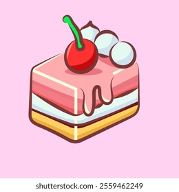 cute cake slice pink cherry vector cartoon design