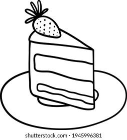 Cute cake slice.  Cute strawberry cake on plate, doodle. Vector illustration in flat style.