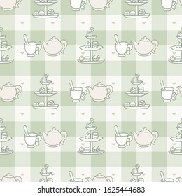 Cute cake stand and teapot seamless vector pattern. Hand drawn green gingham afternoon tea pastry background. Traditional teacup home decor. Sweet dessert all over print. 