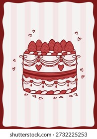 Cute cake with strawberries and hearts, vector art