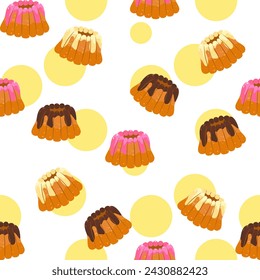 Cute cake vector flat seamless pattern in bright colors. Vector illustration for paper cover, fabric inside, white background, and other users.