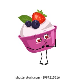 Cute cake or yogurt character falls in love with eyes hearts, kiss face, arms and legs. The funny or smile emotions sweet food, dessert with eyes. Vector flat illustration