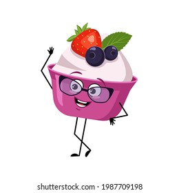 Cute cake or yogurt character with glasses and joyful emotions, smile face, happy eyes, arms and legs. A sweet food with eyes. Vector flat illustration