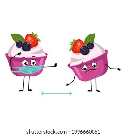 Cute cake or yogurt characters with emotions, face and mask keep distance, arms and legs. The funny or sad sweet food, dessert with eyes. Vector flat illustration