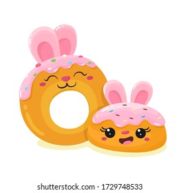 Cute cakes and donut bunnies. Cartoon characters in flat style.