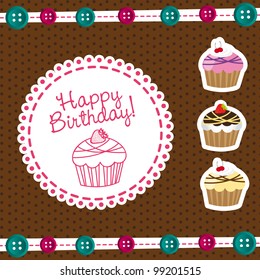 cute cakes with label happy birthday. vector illustration